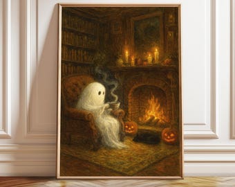 Little Ghost Reading in Library Art Print: Dark Academia Halloween Decor (Digital Download)