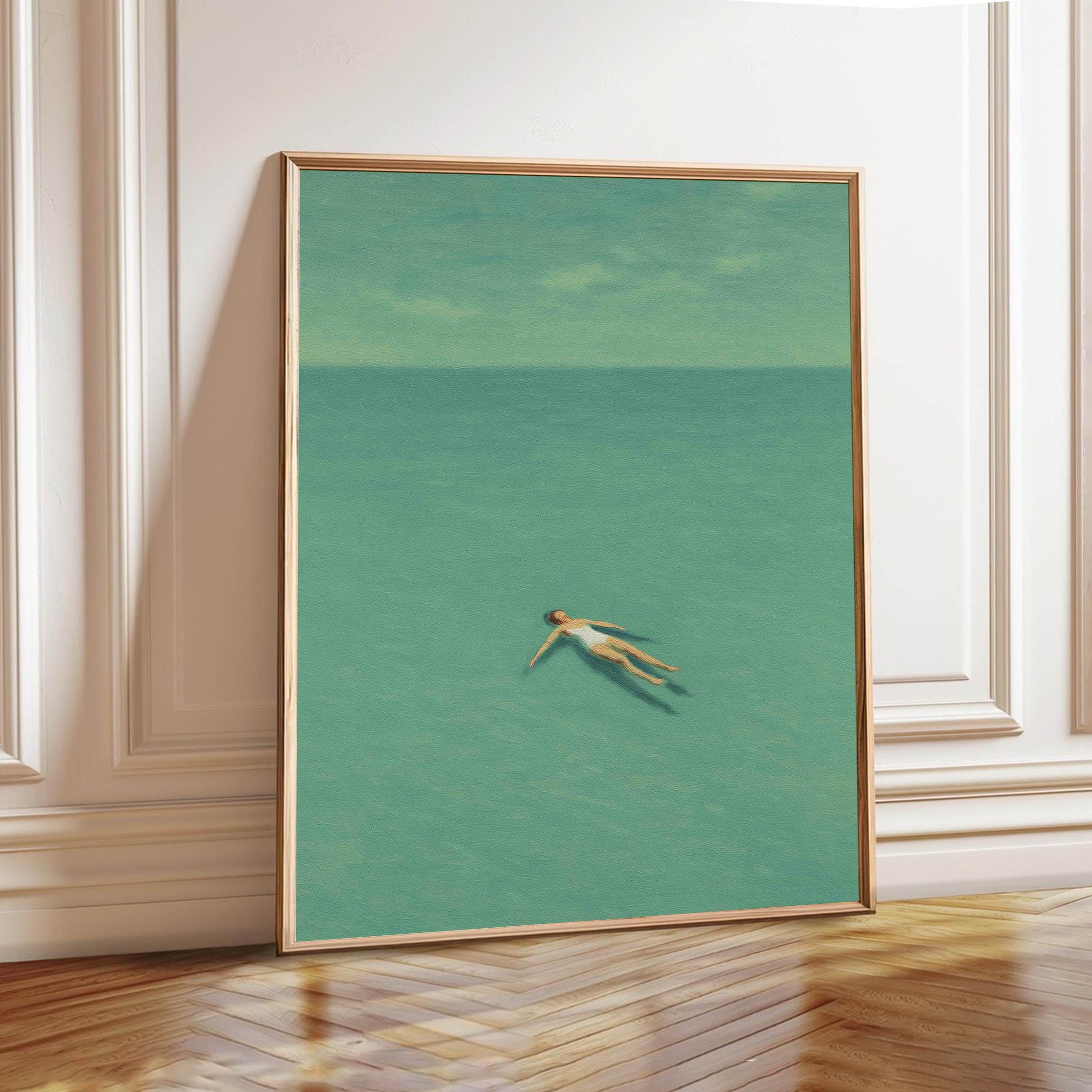 Green Abstract Swimmer Art Print: Minimalist Sea Scene (digital ...