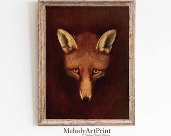Vintage olieverfschilderij vos: donkere dierenprint (digitale download)