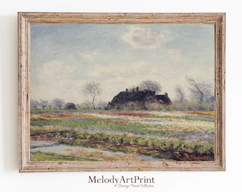 Pintura vintage de paisaje campestre francés, arte mural para casa de campo (descarga digital)