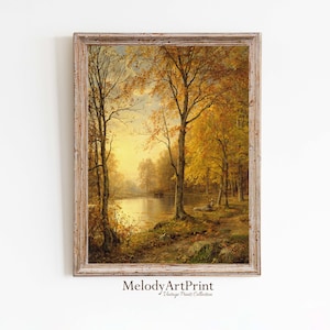 Autumn Landscape Painting Print, Vintage Fall Tree Oil Painting, Country Fall Decor, Digital Downloadable, Printable Art, Autumn River Art