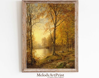 Impresión de pintura vintage de paisaje fluvial otoñal (descarga digital)