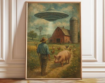 Cowboy UFO Poster, Vintage Western Art Print, Sci-Fi Wall Decor (Digital Download)