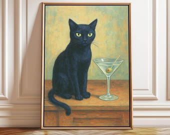 Póster de un gato negro con un martini: Decoración original para carrito de bar (Descarga digital)