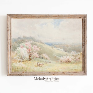 Spring Watercolor Print, Flower Field Landscape Printable Art, Flower Meadow Painting, Vintage Style Decor, Summer Print Painting