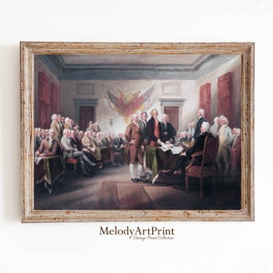 May include: A vintage painting depicting a group of men in formal attire gathered in a room, signing a document. The men are standing around a table with a green tablecloth, and there is a large flag hanging on the wall behind them. The painting is framed in a light wood frame.