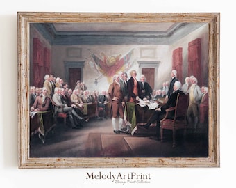 Pode incluir: Uma pintura vintage que retrata um grupo de homens em trajes formais reunidos em uma sala, assinando um documento. Os homens estão em pé em torno de uma mesa com uma toalha de mesa verde, e há uma grande bandeira pendurada na parede atrás deles. A pintura é emoldurada em uma moldura de madeira clara.