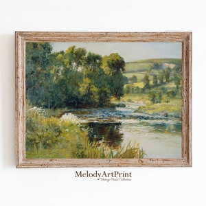 Stampa artistica da parete con paesaggio estivo vintage, fiume antico dai toni tenui, stampabile in digitale, dipinti antichi di campagna estiva