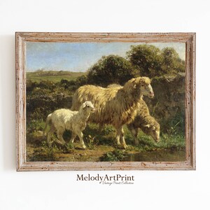 Vintage Countryside Meadow Print, Landscape Painting of Sheep, Muted Jade Green, Cottagecore Decor, Farmhouse Art, Instant Download