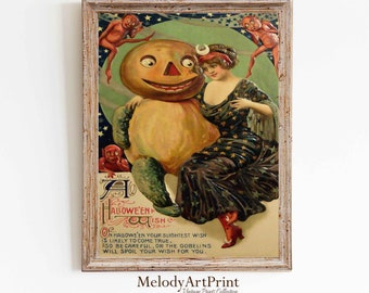 May include: A vintage Halloween postcard featuring a woman in a star-patterned dress sitting with a large jack-o'-lantern. The text reads "A Hallowe'en Wish. On Hallowe'en your slightest wish is likely to come true, so be careful, or the Gobelins will spoil your wish for you."