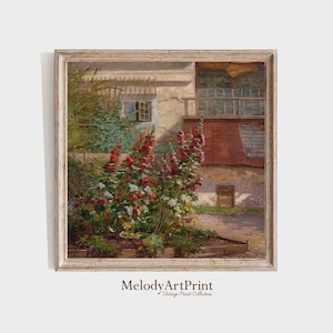 Square Printable Garden Flowers Oil Painting, Vintage Landscape Square Print, Country Square Wall Art Digital Download