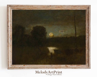 Vintage Moonlight Landscape Painting, Dark Night Art Print (Digital Download)