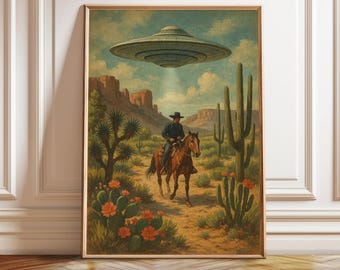 Western Cowboy UFO Art Print: Vintage Desert Alien Painting (Digital Download)