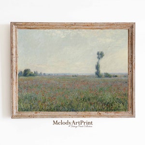 Field Poppies, Muted  Vintage Landscape Painting, Rustic Country Meadow Print, Farmhouse Wall Decor, Printable Wall Art, Digital Download
