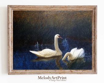 Cuadro vintage de El lago de los cisnes, arte mural para cocina con ambiente melancólico (descarga digital)