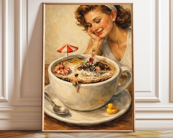 Surreal Coffee Woman Art Print: Whimsical Kitchen Poster (Digital Download)