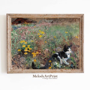Cat Print INSTANT DOWNLOAD Vintage Oil Painting, PRINTABLE Cat Landscape Wall Art Downloadable, Antique Farmhouse Wall Art Decor