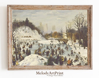 May include: A vintage painting depicting a snowy scene in Central Park, New York City. People are ice skating on a frozen pond, with a bridge and trees in the background. The painting is framed in a light wood frame.