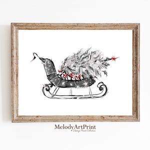 Minimalist Christmas Sleigh Print, Vintage Winter Wall Art, Christmas Printable Art, Holiday Decor, Digital Art, Horizontal Print