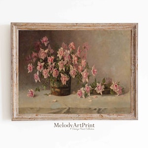 Rosa Rosen Vintage Malerei, Rose Blumenstillleben, Blumen-Wand-Dekor, Stimmungsvolle Ästhetik, Botanische, Dunkle Academia Antike Ölgemälde