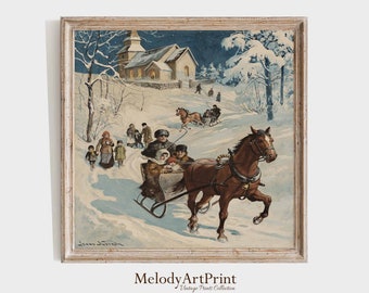 May include: A vintage illustration of a horse-drawn sleigh carrying a family through a snowy winter landscape. The scene includes a church in the background and a group of people walking in the distance. The illustration is framed in a light wood frame.