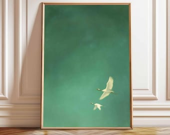 Impresión de grullas voladoras: arte mural verde y blanco estilo japandi (descarga digital)