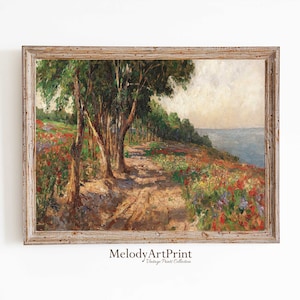 Vintage Poppy Field Painting: Rustic Coastal Landscape Art (Digital Download)