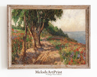 Vintage Poppy Field Painting: Rustic Coastal Landscape Art (Digital Download)