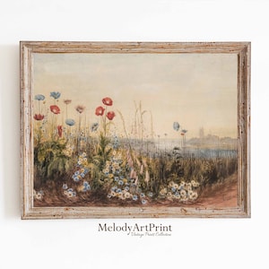 Wildflower Field Landscape Vintage Print - Printable Flower Art - Coastal Vintage Watercolor Wall Art - Printable Wall Art Print