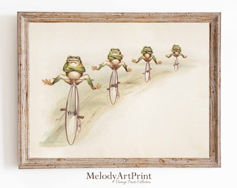 Frog Bicycle Vintage Art Print: Whimsical Nursery Decor (Digital Print)