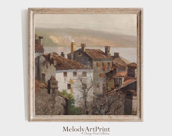 Moody European Architecture Square Print, Neutral Cityscape Painting Square PRINTABLE, Square Landscape Wall Art, Square Pictures