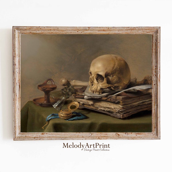 Gothic Still Life, Still Life with Skull, Vanitas Still Life, Halloween Vintage Art Prints, Vintage Skull Painting, Printable Wall Art,