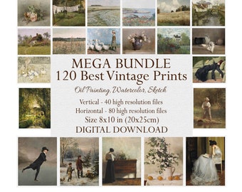 120 druckbare Vintage Kunstdrucke für Wohnkultur, Ästhetik-Galerie-Set, MEGA BUNDLE Druck-Set Wandkunst, antike Galerie-Wanddekoration