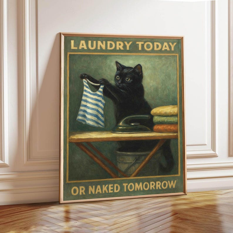 May include: A framed print featuring a black cat holding a blue and white striped shirt above an ironing board. The print has the text "LAUNDRY TODAY OR NAKED TOMORROW" in gold lettering. A stack of folded towels and an iron are also visible.