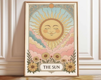 Impressão de Tarô Boho Sun: Decoração de Parede Celestial Floral Retrô (Download Digital)