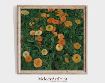 Pintura al óleo de caléndulas vintage: arte floral cuadrado para pared (descarga digital)