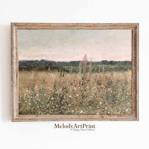 PRINTABLE WILDFlOWER Field Vintage Spring Landscape Wall Art Country Field Antique Farmhouse Print Muted Tonal Oil Painting DIGITAL DOWNLOAD