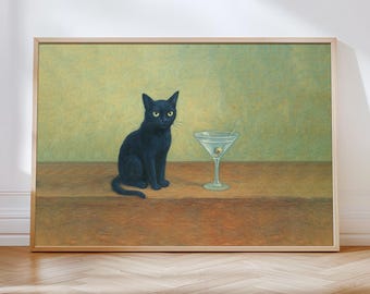 Black Cat Martini Art Print: Whimsical Cocktail Bar Cart Decor (Digital Download)