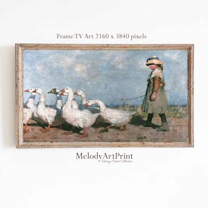 Samsung Frame TV Art Spring Geese on the Farm Vintage Landscape Oil Painting, Summer Artwork, Oil Painting, Instant Download For TV Art