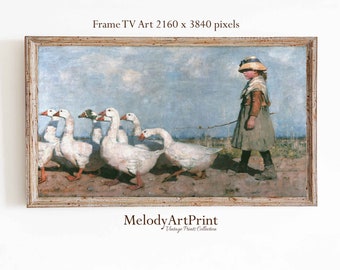 Vintage Farm Geese Samsung Frame TV Art: Spring Landscape (Digital Download)