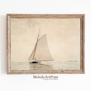 Sailboat Painting Print, Vintage Sailboat  Wall Art, Muted Sailboat Watercolor, Antique Lakehouse Painting, Vintage Seascape Printable Art