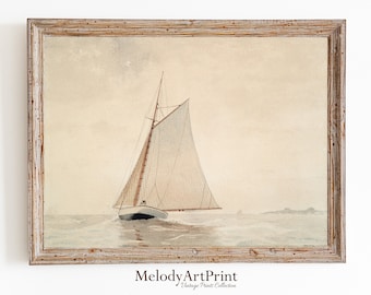Vintage Sailboat Watercolor Painting, Lakehouse Seascape Art (Digital Download)