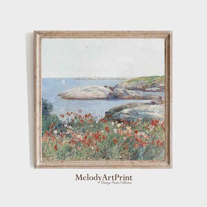 Wildflowers by the Sea Painting, Square Printable, Instant Digital Download, Vintage Landscape Field Print, Floral Wall Art, Country Cottage