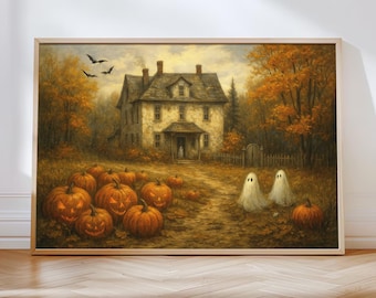 Spooky Pumpkin Patch Print: Vintage Halloween Ghosts, Farmhouse Fall Decor (Digital Download)