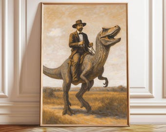 May include: Framed artwork depicting a man in a suit and hat riding a dinosaur. The artwork has a sepia tone, with the man and dinosaur in the foreground and a field and sky in the background. The artwork is in a gold frame.