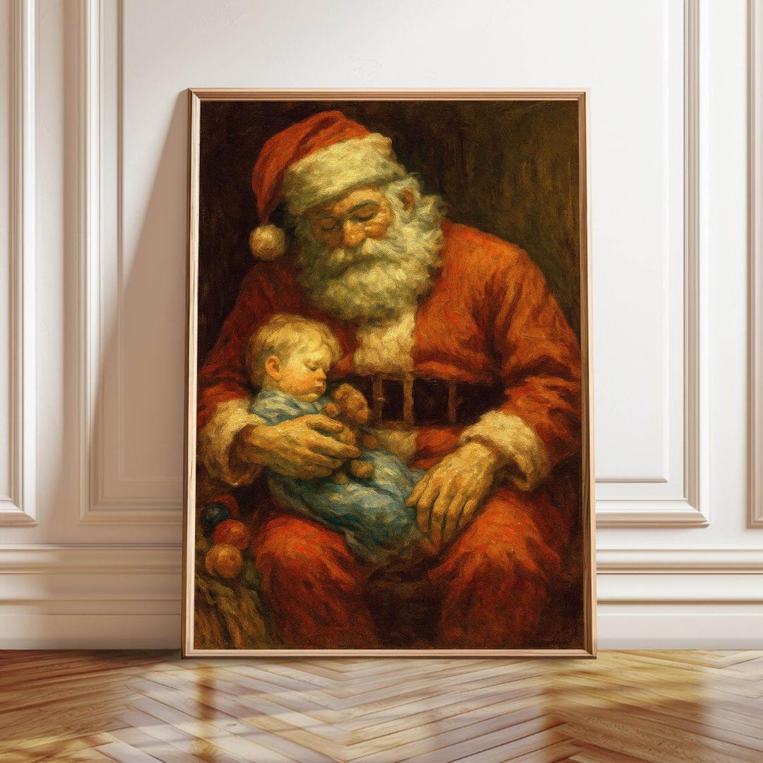 ヴィンテージサンタクロースと男の子のクリスマスプリント：お祝いの