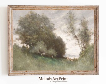 Vintage Landscape Oil Painting Print: Farmhouse Wall Art (Digital Download)