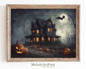 Nawiedzony dom – wydruk na Halloween, upiorna sztuka, wystrój Dark Academia (pobranie cyfrowe)