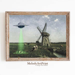Ufo Cow Art Print, Altered Vintage Landscape Print, Spaceship, Funny Vintage, Aliens in Landscape, Alien Abduction Art, Digital Download