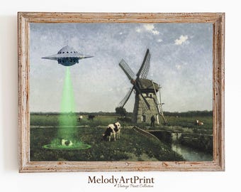 UFO Cow Abduction Art Print: Funny Altered Vintage Landscape (Digital Download)
